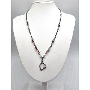 Heart Pendant Necklace With Pink Beads & Metal Chain